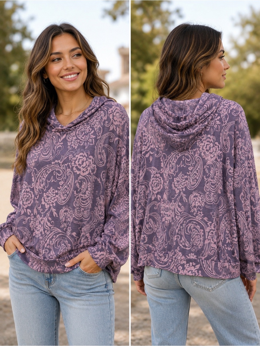 🆕 Dear Scarlett Women’s Paisley Lightweight Soft Hoodie Stretch Pullover